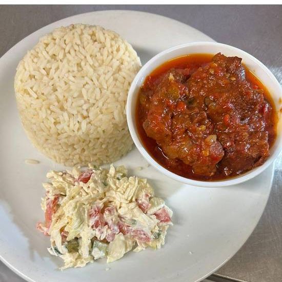 White Rice and stew, salad, and Chicken